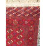 A Turkoman carpet, the deep red field with eleven rows of five octagonal medallions,