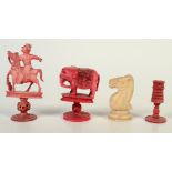 Three Indian red stained ivory chess pieces, circa 1900, heights 8cm, 5.5cm and 4.