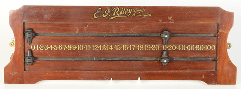An E.J. Riley Limited Accrington wooden snooker score board, height 19.5cm, width 61.5cm.