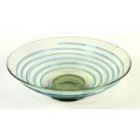 An art glass bowl with blue spiral decoration, height 9.5cm, diameter 30.5cm.