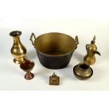 A Victorian brass preserve pan, height 15.5cm, diameter 31.5cm and miscellaneous eastern metalware.