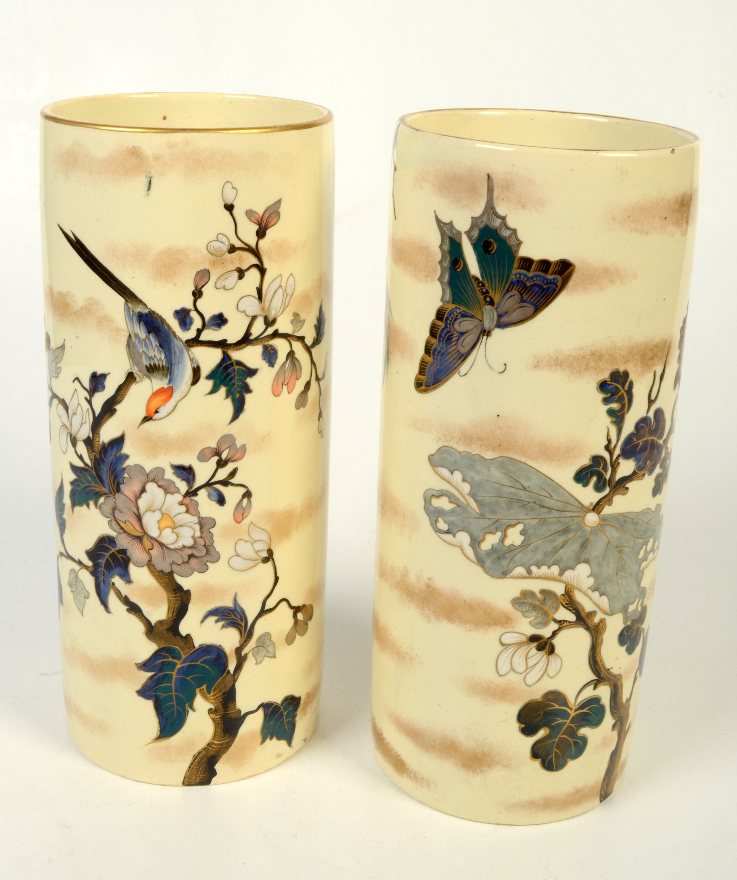 A pair of Japanese porcelain brush pots, early 20th century, gilt decorated with flowering trees,