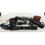 Miscellaneous cameras and lenses to include Olympus mju, Miranda, Nikon,