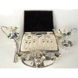 A cased set of electroplated spoons, a James Dixon & Sons, Sheffield four piece tea set etc.