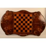 A burr walnut centre table top with inlaid chess board, 93 x 53cm.