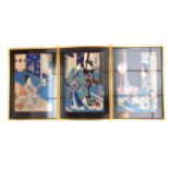 A set of three signed Japanese woodblack prints, geishas in interior scenes,