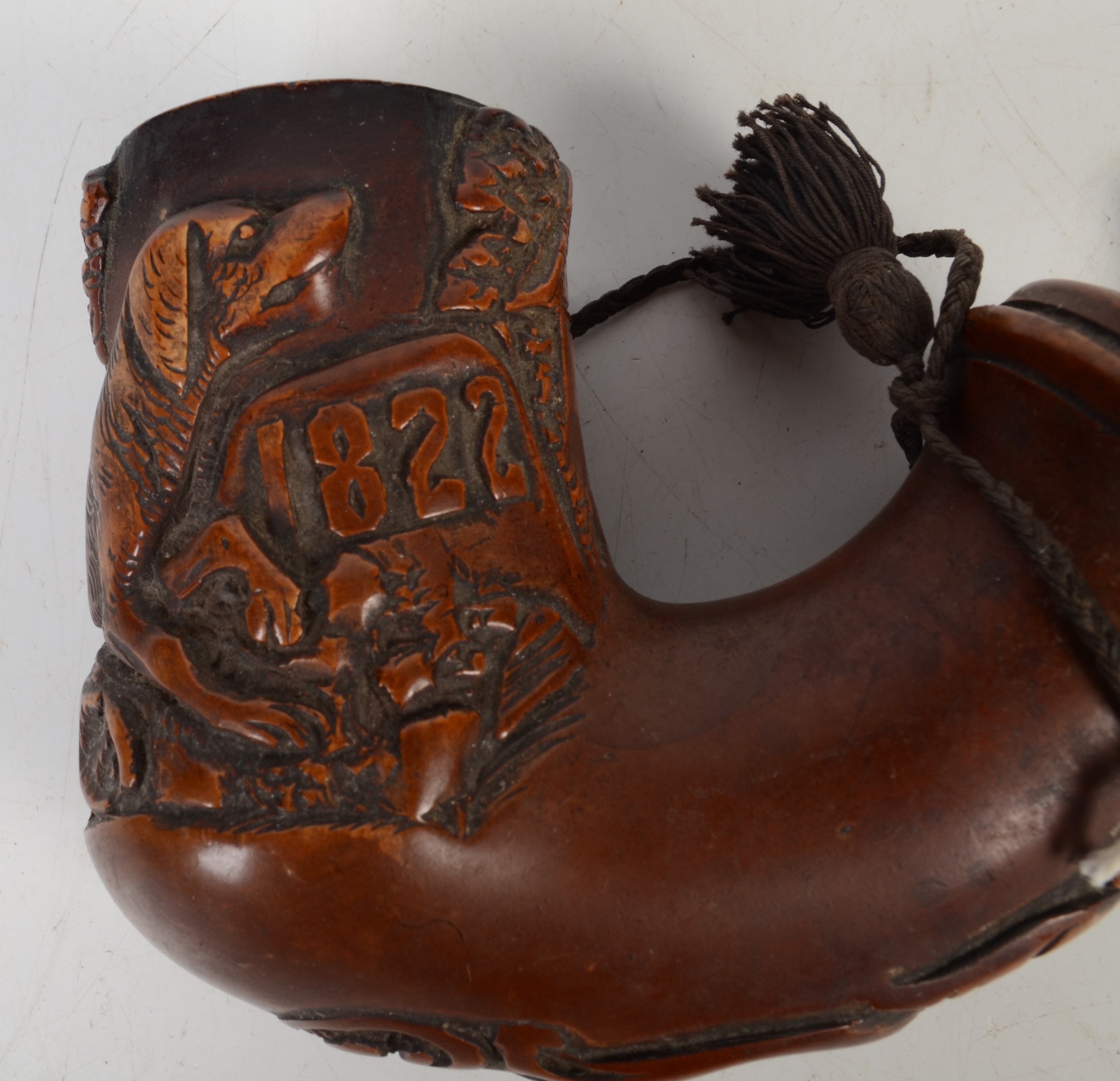 A wooden pipe, possibly Swiss, carved with a house and a dog and dated 1822, height 11cm. - Image 4 of 4