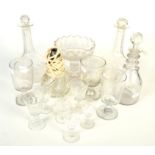 Three glass rummers, 19th century, three glass decanters and other glassware.