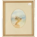 A watercolour of a Dutch lake scene, 13 x 37cm and an oval coastal watercolour, indistinctly signed,
