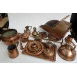 Miscellaneous copper to include a Georgian coal scuttle, coaching horn, two kettles, etc.