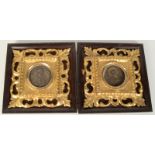 A pair of silvered metal icons, 19th century, in carved gilt Florentine frames, 17.8 x 17.8cm.