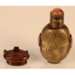 A Chinese bronze snuff bottle, signed and dated, height 6.8cm including stopper but excluding stand.