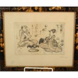 A Japanese print, signed in pencil Hokusai, in black lacquered frame, 11 x 17cm.
