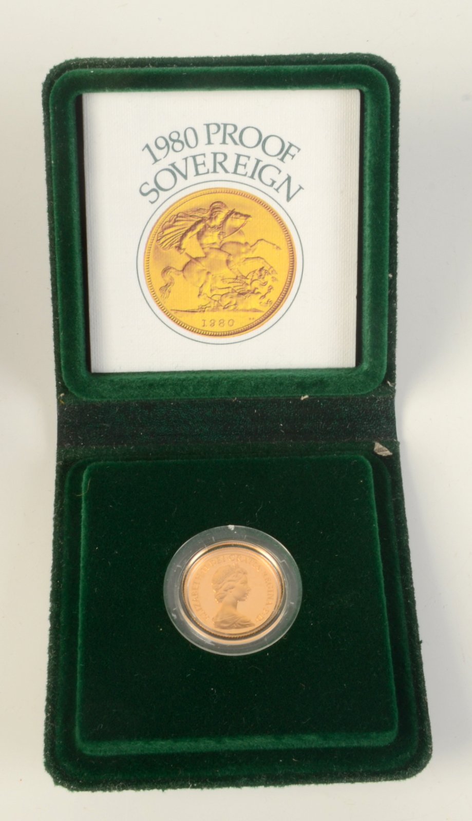 A 1980 proof sovereign in original case and packaging.