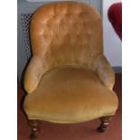 A Victorian walnut upholstered tub armchair, with a button upholstered back,