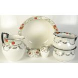 A Burleigh Ware jug and bowl set and two matching chamber pots, diameter of bowl 41cm.