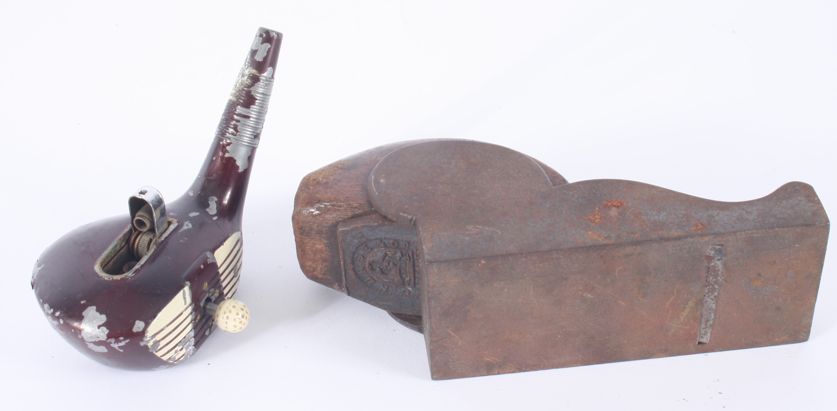 A Nurse & Co wood plane, length 17cm, and a table cigarette lighter in the form of a golf club head,