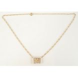 A 9ct gold enamel and pearl set choker slide with the initial 'M' on gold chain as a necklace, 4.4g.