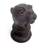 A pewter inkwell, circa 1900, in the form of a bulldog's head with porcelain liner,