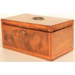 A Regency crossbanded mahogany three compartment tea chest with silver handle and oval cut glass