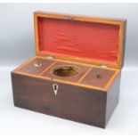 A Regency mahogany veneered three section tea chest with an engraved glass sugar bowl, height 15cm,
