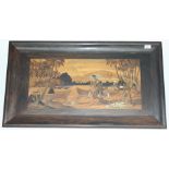 An Indian marquetry inlaid panel, depicting a riverside scene of fisherfolk, height 53cm, width 94.