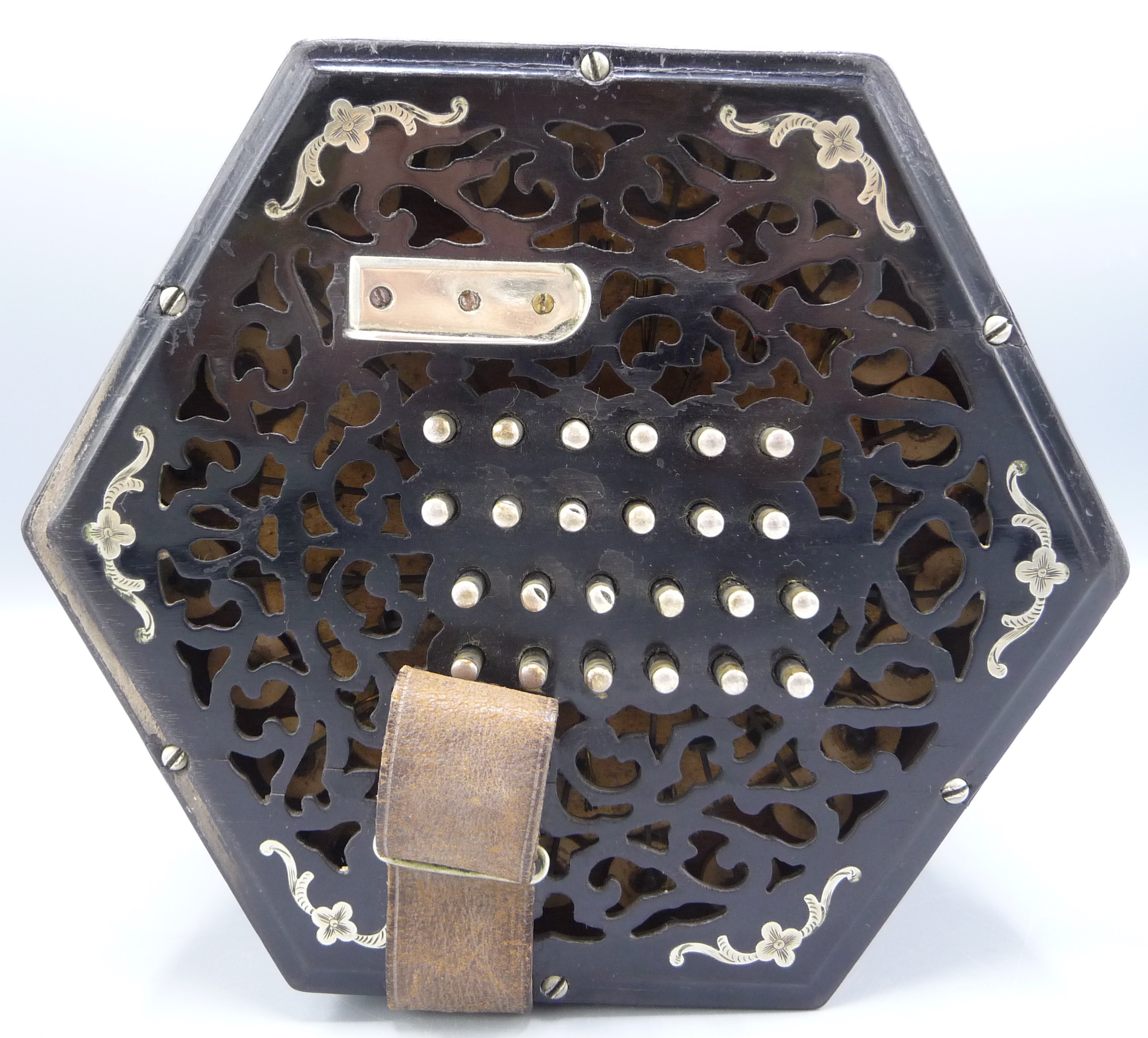 A Lachenal ebonised concertina, with 48 steel buttons, - Image 3 of 8