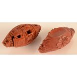 Two Chinese carved hediao nuts, one is a stand on which sits the second in the form of a boat,