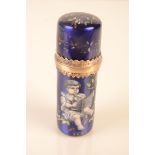 A French Limoges style perfume bottle, the blue ground bottle with the seated child reading,