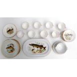 A JKW western Germany porcelain part dinner service, decorated with fish, comprising six plates,