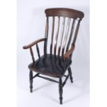 A country lathe back armchair, 19th century, with solid arms and seat on turned legs, height 110cm,