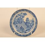 A blue and white transfer printed saucer dish, circa 1800,