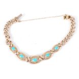 A 15ct gold curb-link bracelet set with graduated turquoise, 18.3g.