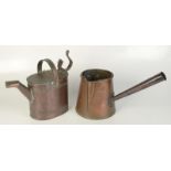 A copper domestic water can and a Victorian copper jug with tapering side handle.