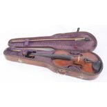 A full size violin, two piece back, illegible stamp on inside of back, length of back 36cm,