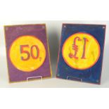 Two painted ride price signs.