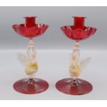 A pair of Venetian glass candlesticks, the gilt decorated stem modelled as a swan, height 20cm,