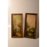 A pair of oil on panel paintings of cranes, signed W.