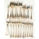 A harlequin suite of Old English thread and shell silver cutlery comprising six tablespoons,