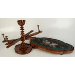 A walnut wool winder, height 34.5cm and a Victorian walnut beadwork stand, length 52cm.