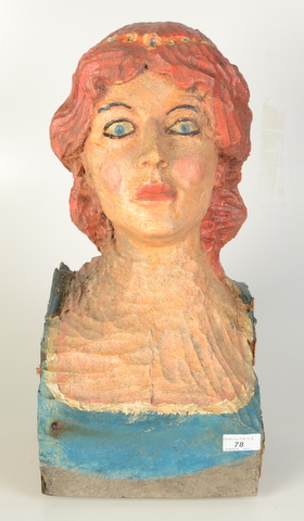 A reproduction painted carved wood figurehead of a female, height 50cm, width 23cm, depth 24cm.