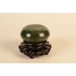 A Chinese spinach green jade squat shaped rounded bowl and cover,