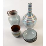 A Lamorna pottery vase, height 30cm, a jug, height 19cm, a pot, height 11.3cm and four bowls.