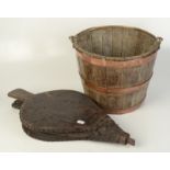 An oak copper bound pail with brass swing handle, height 26cm, diameter 33cm, and a pair of bellows,