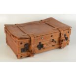 A tan leather suitcase, height 15cm, width 47cm, depth 29.5cm.
