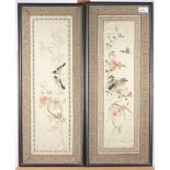 Two Chinese silk embroidered pictures, of birds perched on branches, 68 x 28cm.