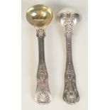 A pair of good George IV silver salt spoons in a version of the Queens pattern by Richard Poulden,