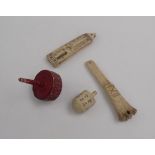 A Napoleonic French prisoner of war bone folding pick, folded length 9cm, an apple corer,