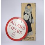 A painted sign inscribed 'Allan's Circus The 'Model' Show,