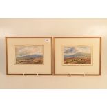 A pair of watercolours, one sheep in a country scene, the other a figure with horses and cart,